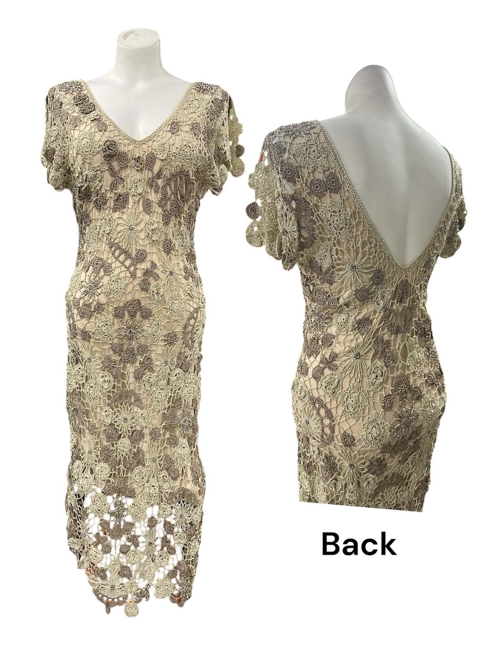 Cartise Backless Crochet Lace Midi Dress in Beige Size M